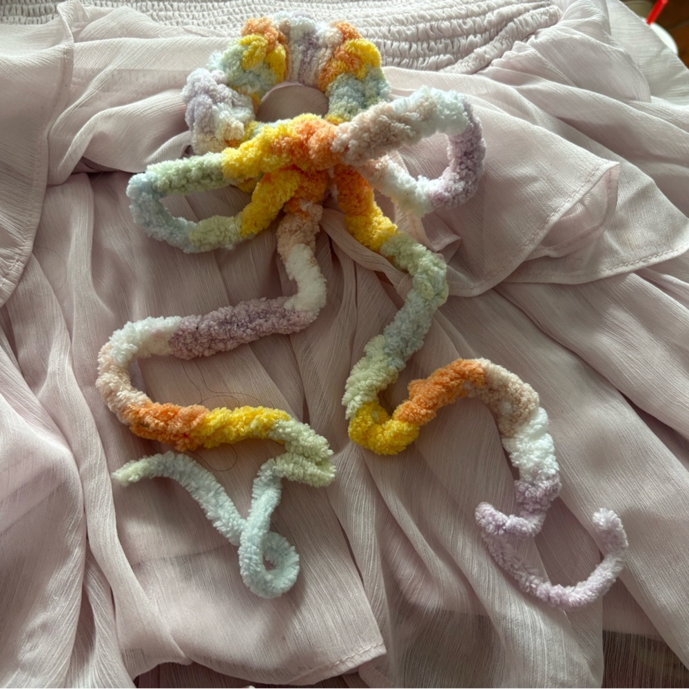 Fluffy rainbow crochet scrunchie, with long bow, handmade by me!